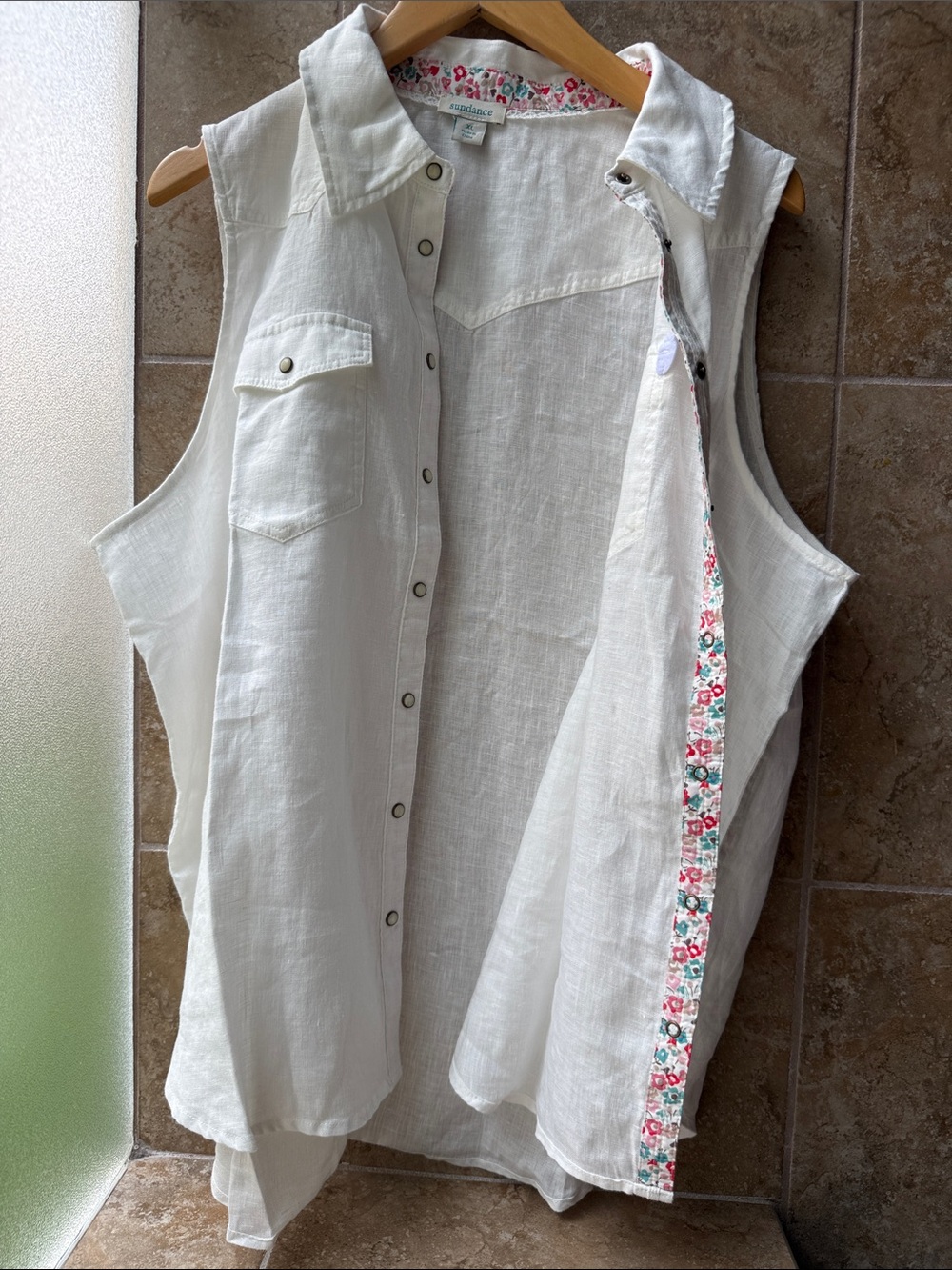 Sundance Pure White Linen Willow Sleeveless Top Pearl Snap Front XL Button-down - Picture 13 of 15